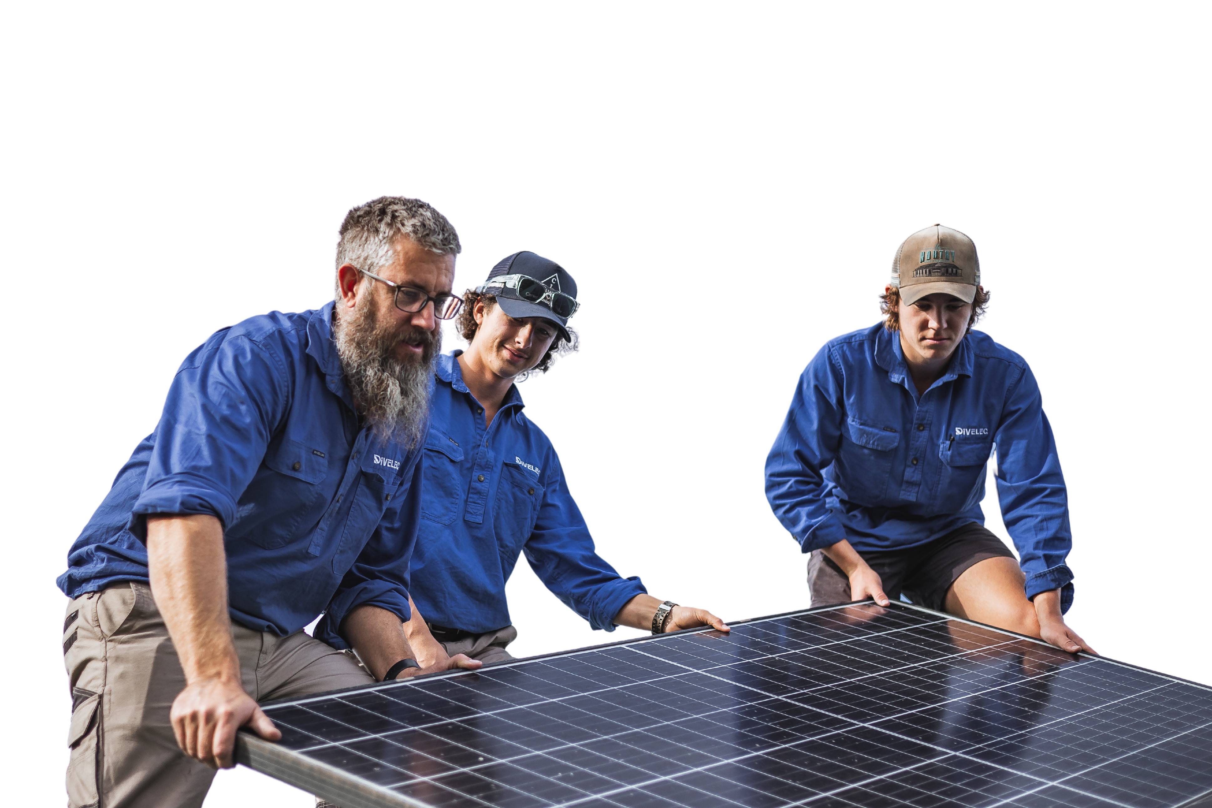 Three individuals in blue shirts install a large solar panel against a black background.