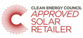 Logo of the Clean Energy Council displaying "Approved Solar Retailer" in red and gray text, with a circular dotted pattern forming a stylized "C" on the left side.