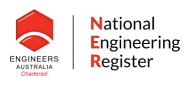 Logo of Engineers Australia Chartered and National Engineering Register, with a red hexagonal symbol and text on the right reading "National Engineering Register.