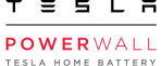 Logo of Tesla Powerwall, a home battery system. The text says "Powerwall" in red and "Tesla Home Battery" in black.