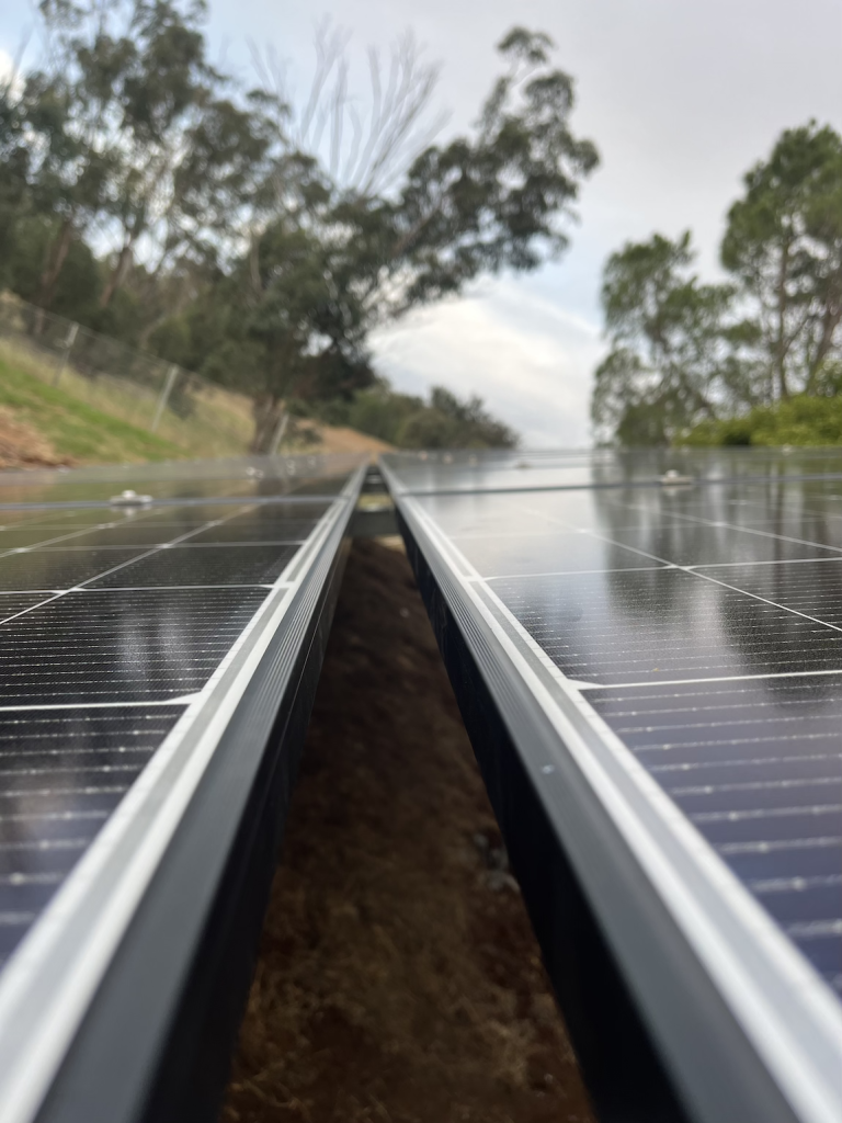 Close-up view between two parallel rows of solar panels with a hillside and trees in the background.