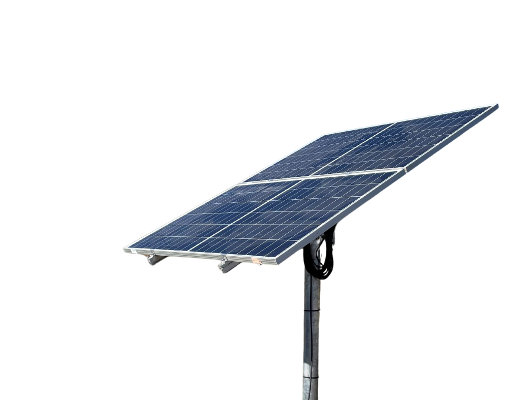 A single solar panel mounted on a metal pole isolated against a white background.